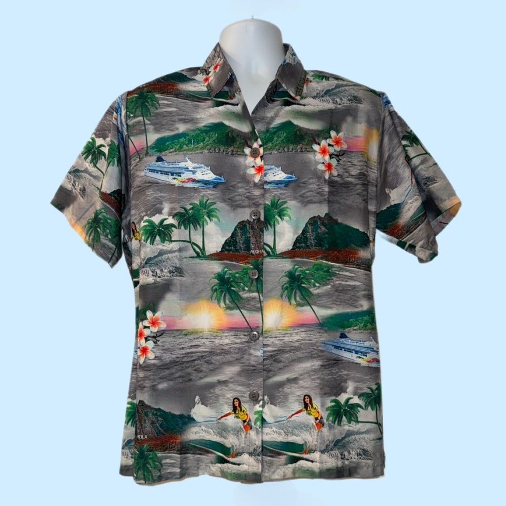 Happy Bay Hawaiian Aloha Shirt Cruise Island Print - Men's Size - Medium
